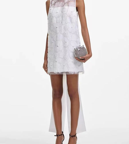 Solid Loose Spliced Embroidery Dresses for Women Round Neck Sleeveless Patchwork Bowknot Mini Dress Female Clothing