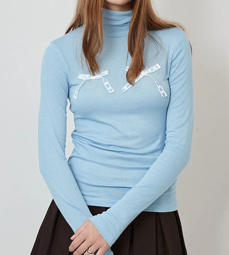 Cutecore Korean Basic Turtleneck Tee Women Bow Patched Coquette Clothes Autumn Tshirt Slim Casual Top Kawaii Pullover