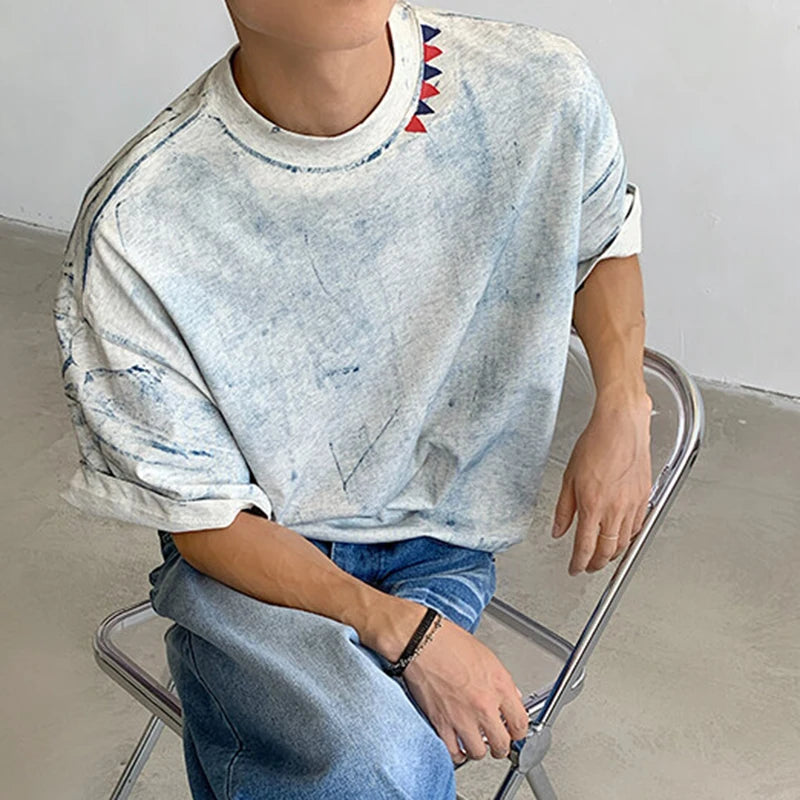 Men's T-shirts Handpainted Tie-dyed Design Short Sleeved Pullover Round Collar New Summer Style Male T-shirt 2025 9W1339