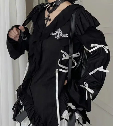 Kawaii Lolita Shirt Cute Girls Bandage School Student Print GrungeSpring Autumn Gothic Goth Y2k Harajuku Blouses