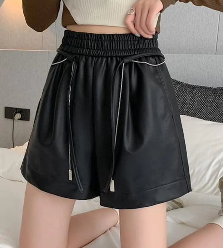 Autumn Winter Black Brown High Waist Drawstring Lace-up Leather Shorts Women's Korean Version Loose Versatile Casual Short Pant