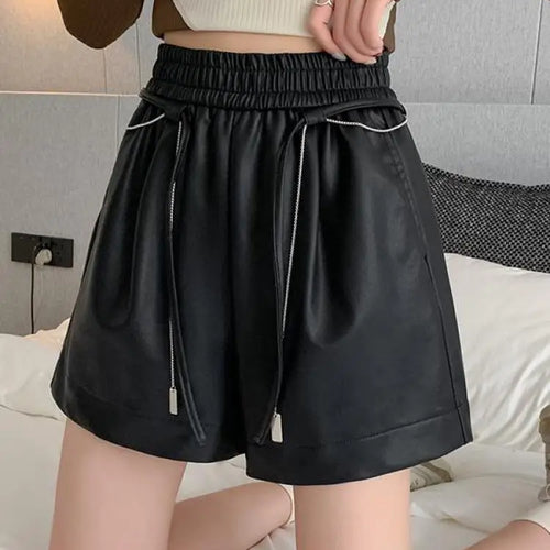 Load image into Gallery viewer, Autumn Winter Black Brown High Waist Drawstring Lace-up Leather Shorts Women&#39;s Korean Version Loose Versatile Casual Short Pant
