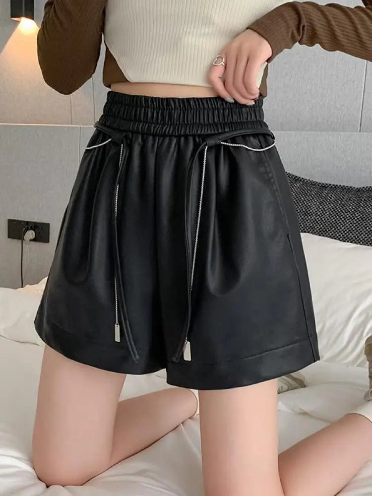 Autumn Winter Black Brown High Waist Drawstring Lace-up Leather Shorts Women's Korean Version Loose Versatile Casual Short Pant
