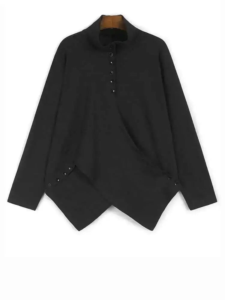 Women Gray Irregular Hem Button Big Size Casual T-shirt New Turtleneck Long Sleeve Fashion Tide Spring Autumn 2025 1DH9329