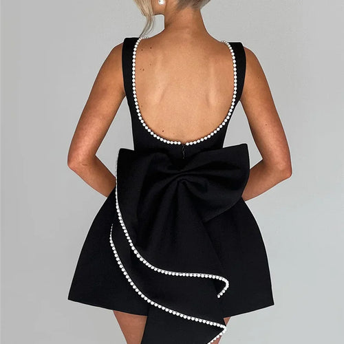 Load image into Gallery viewer, Pearl Bow Backless Sexy Mini Dress For Women Robe Fashion Zipper Sleeveless High Waist A-line Club Party Dress Elegant

