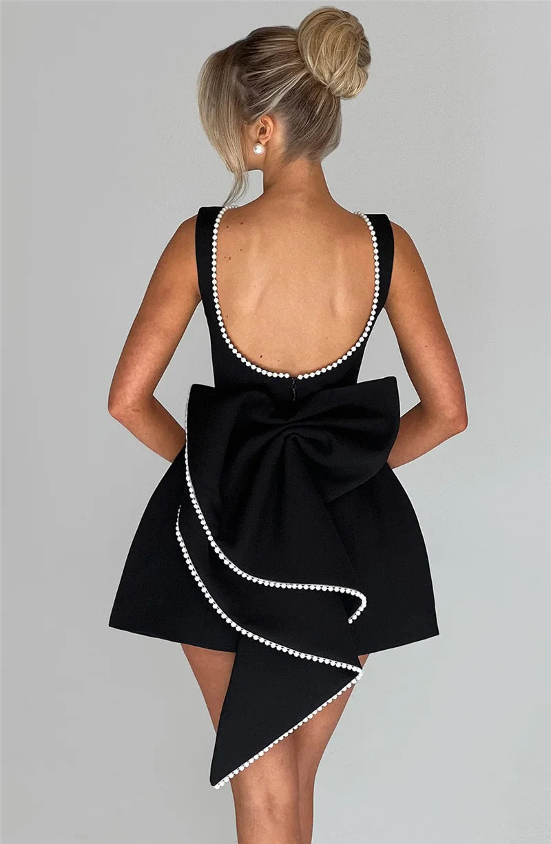 Pearl Bow Backless Sexy Mini Dress For Women Robe Fashion Zipper Sleeveless High Waist A-line Club Party Dress Elegant