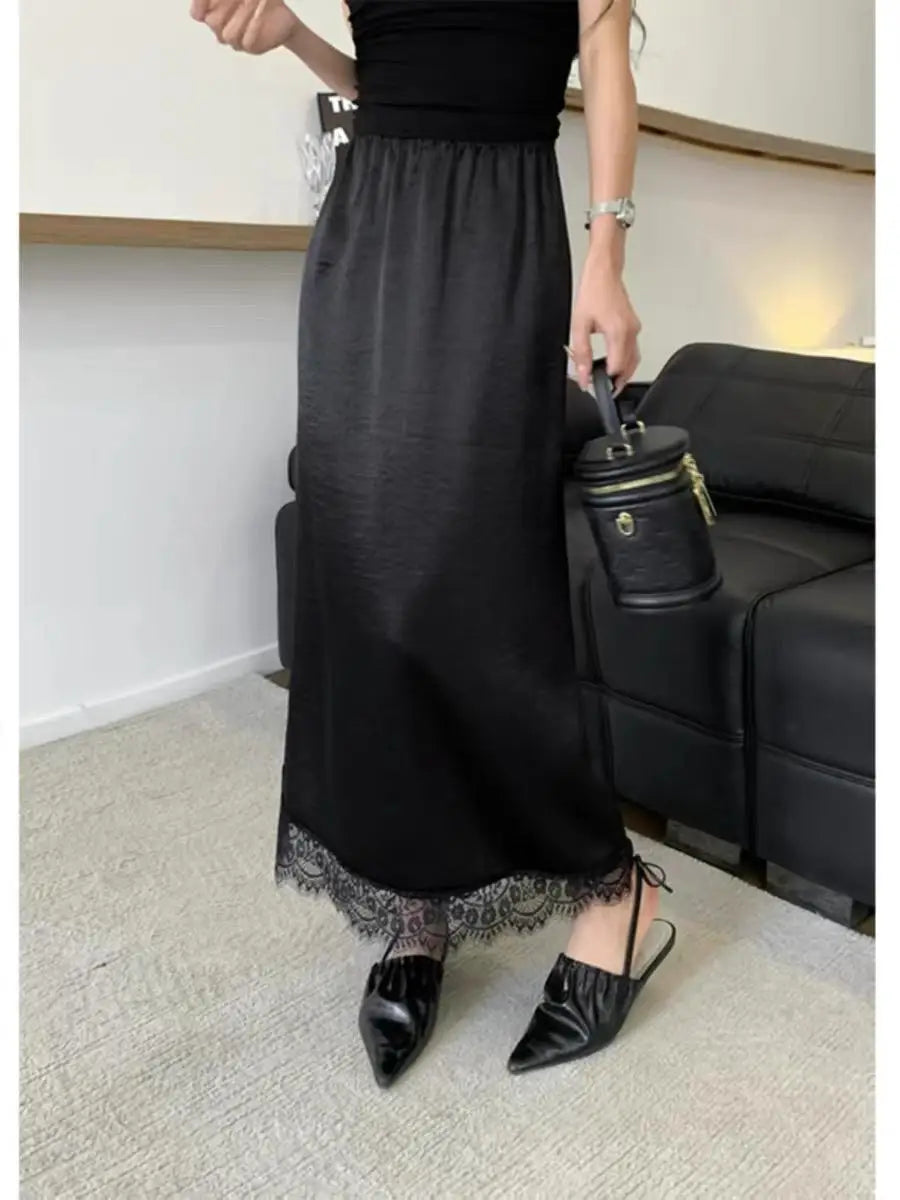 Spring Summer Women Patchwork Lace Elegant Long Skirt Korean Version High Waist Temperament Vacation Pleated Half Skirt Clothing