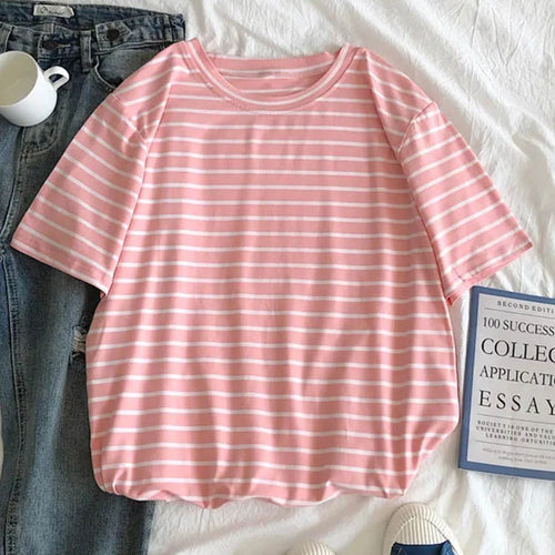 Load image into Gallery viewer, Harajuku Short Sleeve Korean O-Neck Casual Fashion Shirt Camiseta Feminina Tops T Shirt Women Solid Color Striped Punk T-shirt
