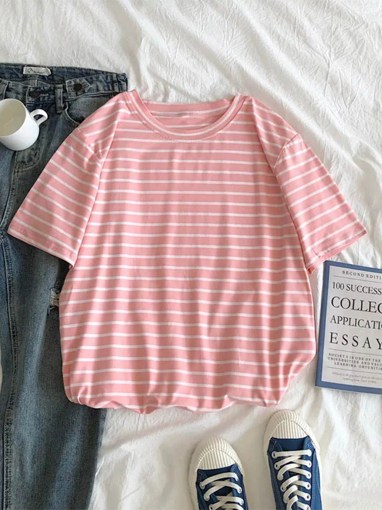 Harajuku Short Sleeve Korean O-Neck Casual Fashion Shirt Camiseta Feminina Tops T Shirt Women Solid Color Striped Punk T-shirt