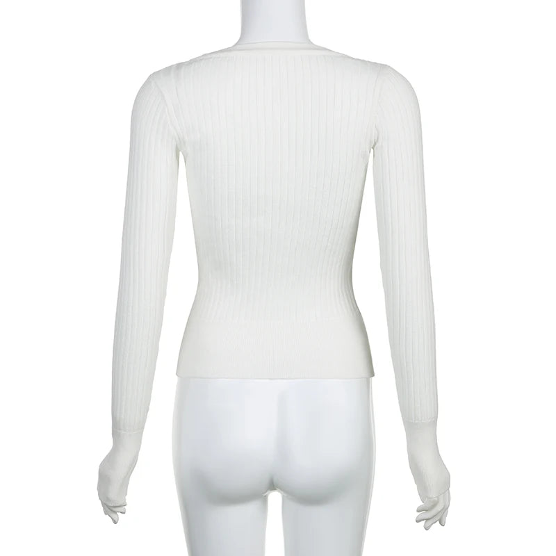 Casual White Buttons Knitted Sweater Women Basic Slim Autumn Pullover Korean Fashion Knitwear Jumpers Coquette Tops