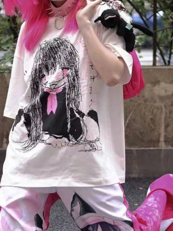 Kawaii Cute Japanese Loose Cartoon Print T-shirt Casual O Neck 2025 Summer Tops Women Short Sleeve Y2k Aesthetic All Match Tees