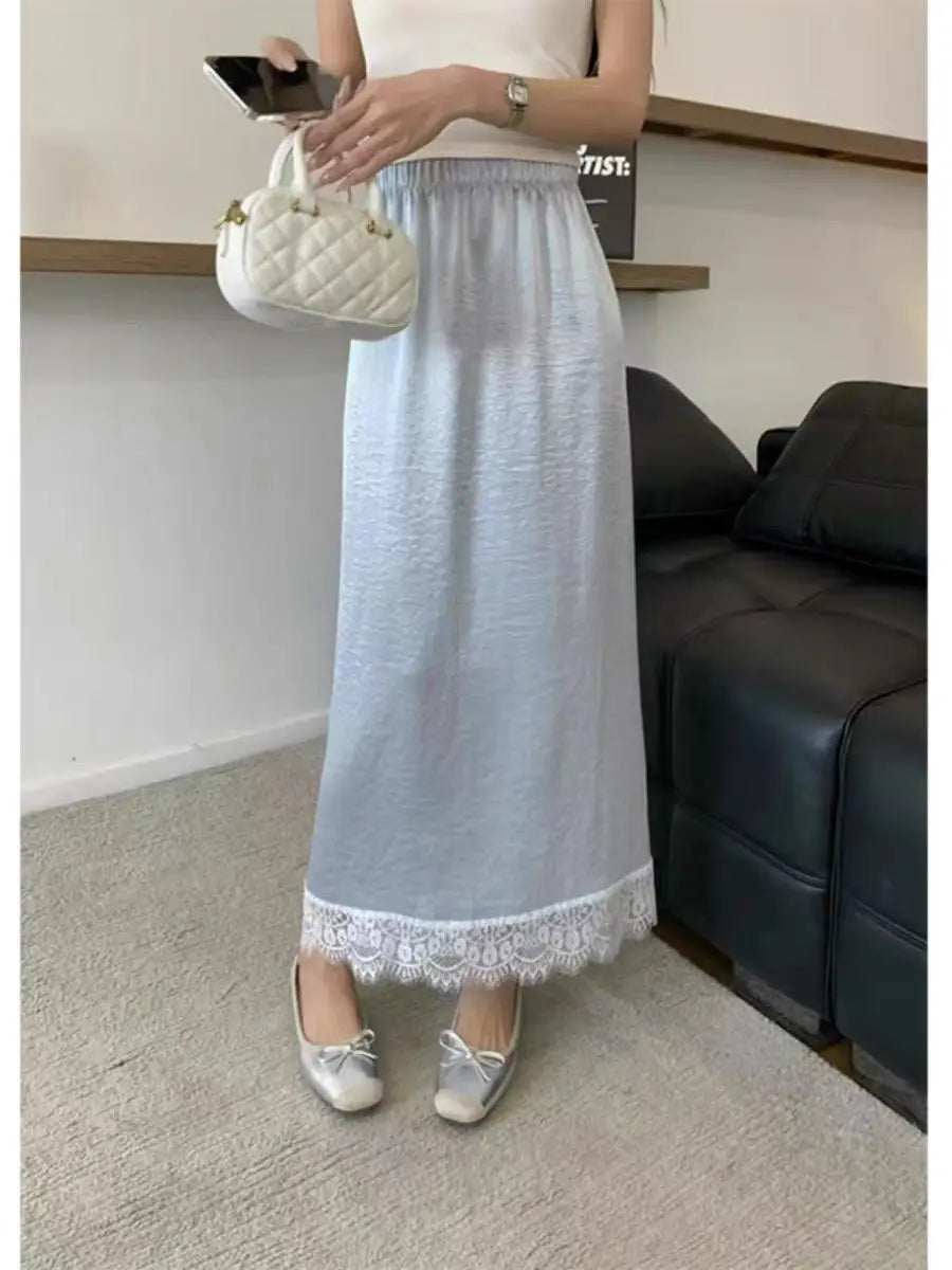 Spring Summer Women Patchwork Lace Elegant Long Skirt Korean Version High Waist Temperament Vacation Pleated Half Skirt Clothing