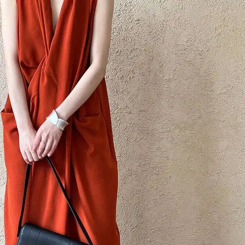 Load image into Gallery viewer, Women Orange Pocket Knot Elegant  Long Big Size Dress New V-Neck Sleeveless Fashion Tide Spring Summer 2025 1DH6380
