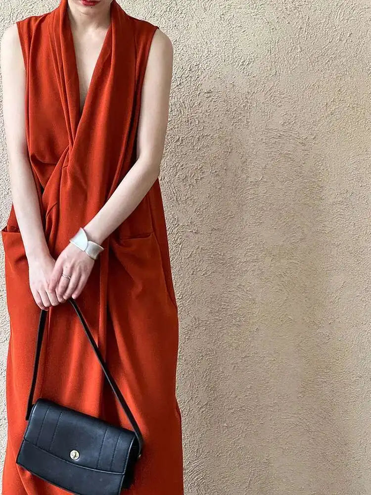 Women Orange Pocket Knot Elegant  Long Big Size Dress New V-Neck Sleeveless Fashion Tide Spring Summer 2025 1DH6380