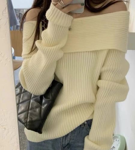 Harajuku Slash Neck Solid Sweaters Grunge Vintage Women Bottoming Pullovers Off Shoulder Y2k Aesthetic Casual Knitted Jumper