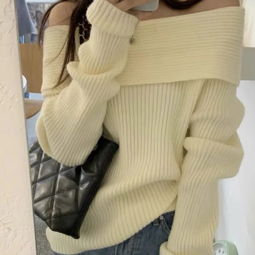 Load image into Gallery viewer, Harajuku Slash Neck Solid Sweaters Grunge Vintage Women Bottoming Pullovers Off Shoulder Y2k Aesthetic Casual Knitted Jumper
