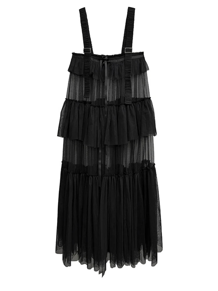 Women Black Mesh Perspective Big Size Strap Dress New Square Collar Sleeveless Fashion Tide Spring Summer 2025 1DJ1242