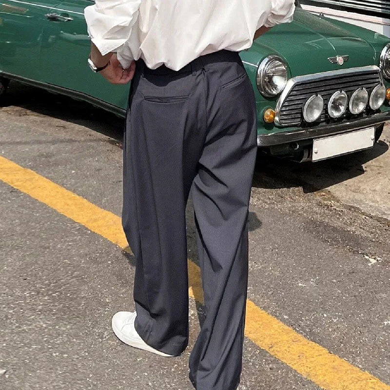 Korean Style Men's Pants Casual Belt Solid Color Bottom Straight Wide Leg Male Trousers 2025 Spring New Stylis 9C6740
