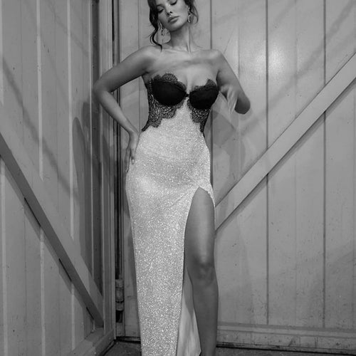 Load image into Gallery viewer, Sleeveless Sexy Sequins Strapless Thigh Slit Maxi Dress For Women High Waist Off-shoulder Sexy Club Party Evening Dress
