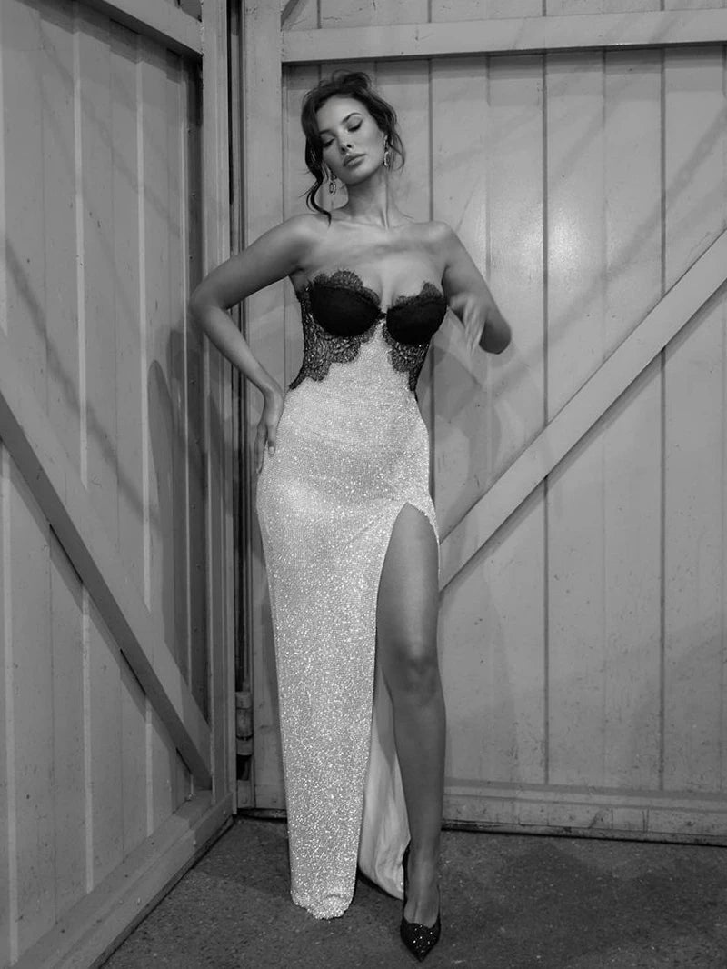 Sleeveless Sexy Sequins Strapless Thigh Slit Maxi Dress For Women High Waist Off-shoulder Sexy Club Party Evening Dress