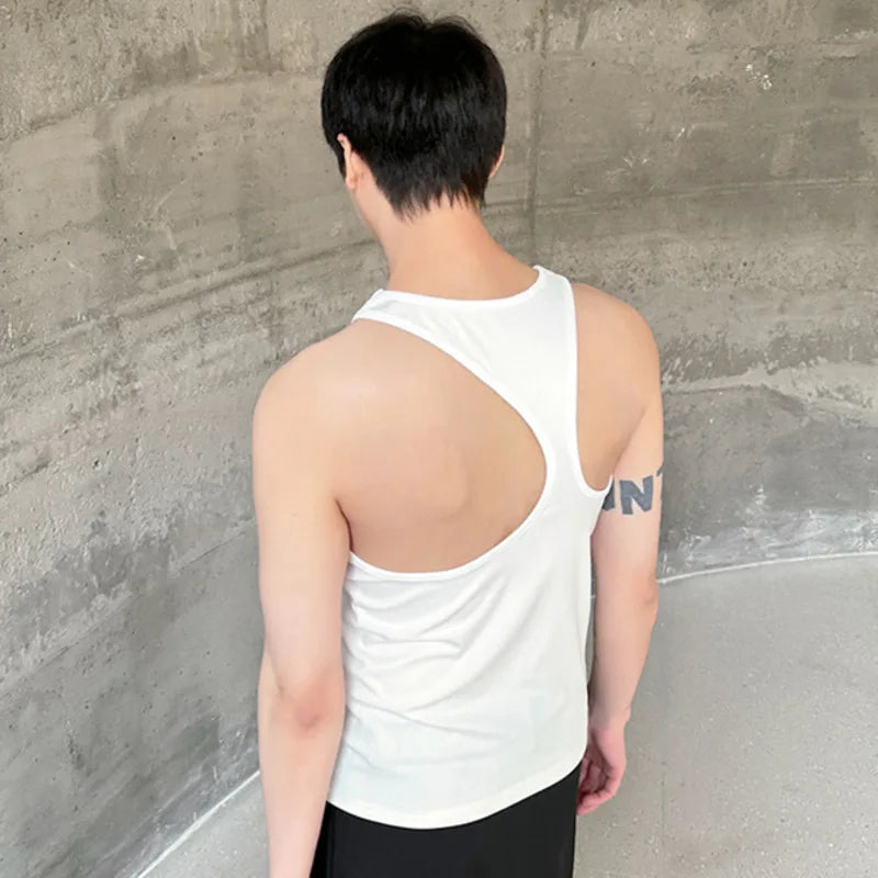 Summer New Men's Sleeveless Vest Round Neck Slim Fit Tank Top Trendy Bottom Top Solid Color Personality Male 9C5480