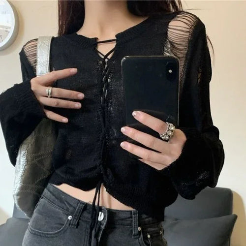 Load image into Gallery viewer, Y2K Holes Knitted Cardigans Two Side Wear Retro Harajuku Sexy Cropped Jumpers Women Full Sleeve Bandage Outwear Autumn Grunge
