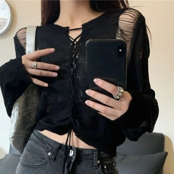 Y2K Holes Knitted Cardigans Two Side Wear Retro Harajuku Sexy Cropped Jumpers Women Full Sleeve Bandage Outwear Autumn Grunge