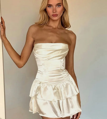 Satin Strapless Sexy Mini Dress Women Fashion Off-shoulder Sleeveless Backless High Waist Ruffle Club Party Dress