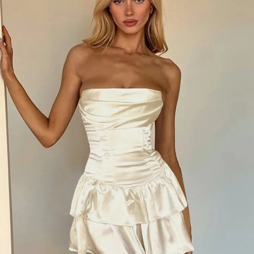 Load image into Gallery viewer, Satin Strapless Sexy Mini Dress Women Fashion Off-shoulder Sleeveless Backless High Waist Ruffle Club Party Dress
