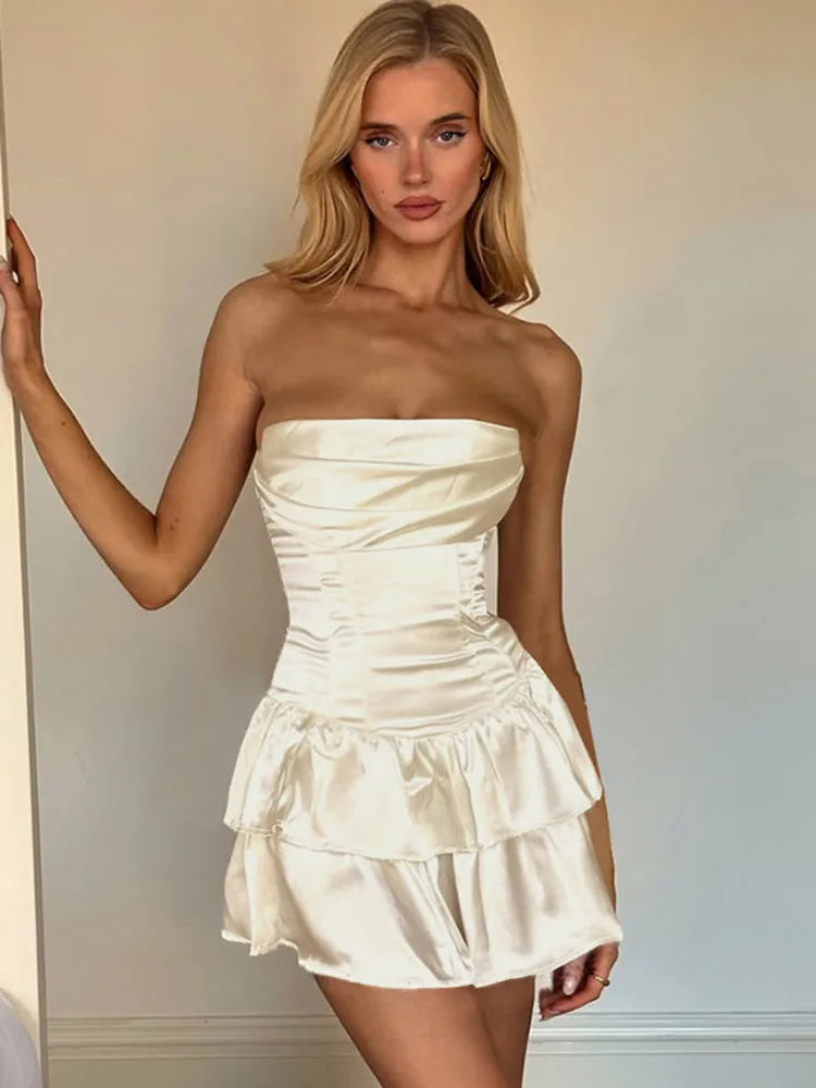 Satin Strapless Sexy Mini Dress Women Fashion Off-shoulder Sleeveless Backless High Waist Ruffle Club Party Dress