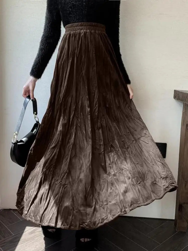 Autumn Winter Women's Black Red Elastic High Waist Velvet Skirt Korean Version Brown Elegant Vacation Party Pleated Long Skirts