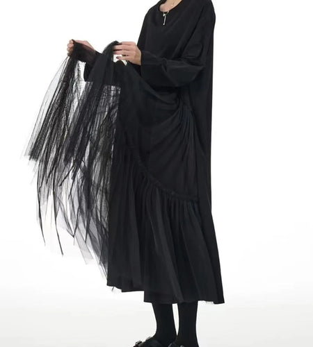 Women Black Mesh Spliced Big Size Midi Casual Dress New Round Neck Long Sleeve Fashion Tide Spring Autumn 2025 1DH8296