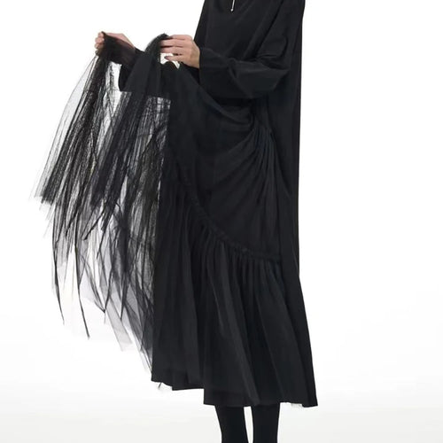 Load image into Gallery viewer, Women Black Mesh Spliced Big Size Midi Casual Dress New Round Neck Long Sleeve Fashion Tide Spring Autumn 2025 1DH8296
