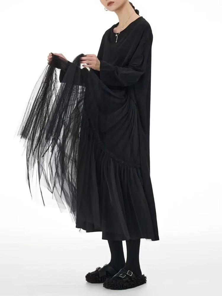 Women Black Mesh Spliced Big Size Midi Casual Dress New Round Neck Long Sleeve Fashion Tide Spring Autumn 2025 1DH8296
