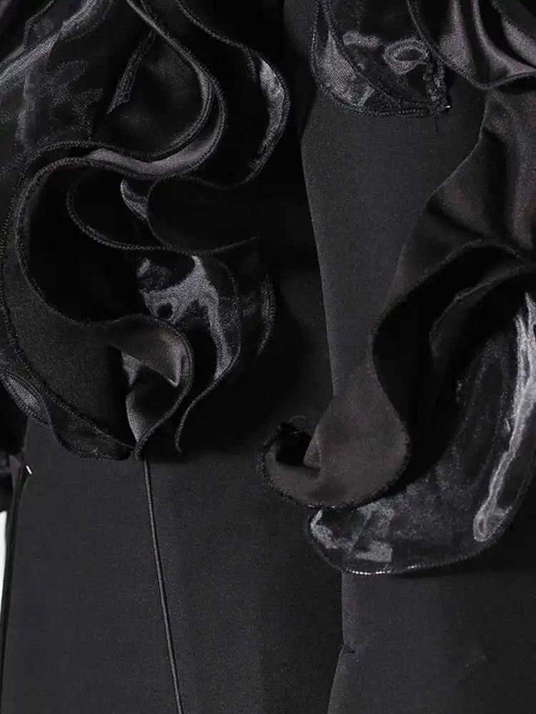 Women Black Ruffles Shaped Elegant Slim Blazer New Lapel Long Sleeve Jacket Fashion Tide Spring Autumn 2025 7AB8042