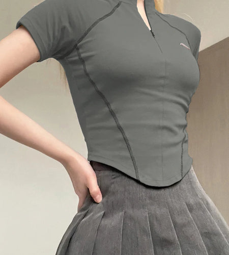 Streetwear Skinny Zipper Crop Top Tee Line Stitch Stand Collar Summer Female T-shirts Casual Gothic Shirt Outfits Y2K