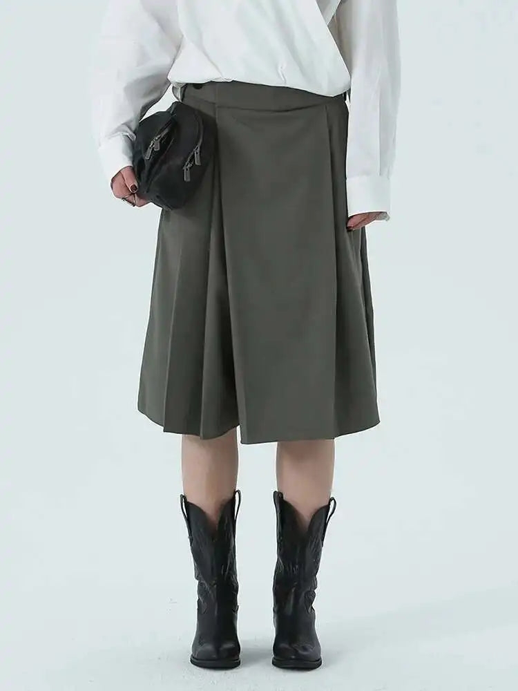 High Waist Gray Green Irregular Pleated Casual Knee Length Pants New Trousers Women Fashion Spring Autumn 2025 1DH4952