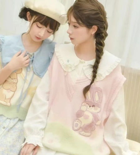 Sweet Cartoon Embroidery Sleeveless Knitted Sweater Vest Women Y2k Contrast Color Waistcoat Spring Grunge Harajuku Vests Tops