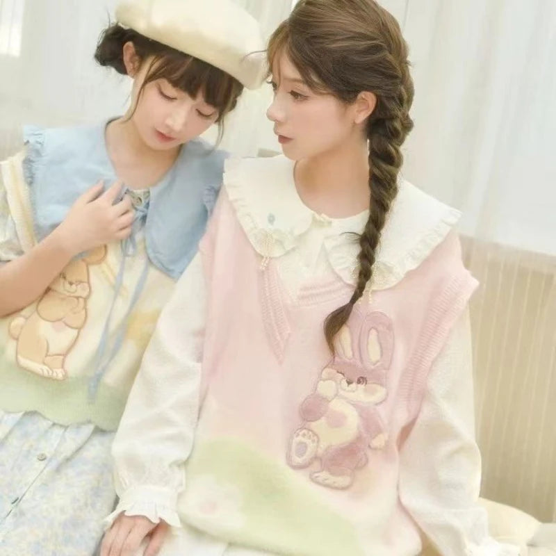 Sweet Cartoon Embroidery Sleeveless Knitted Sweater Vest Women Y2k Contrast Color Waistcoat Spring Grunge Harajuku Vests Tops