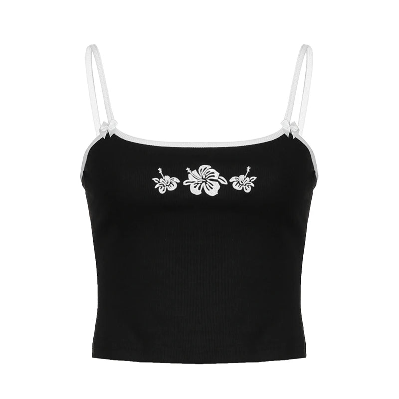 Strap Black Flowers Embroidery Skinny Short Tops Y2K Clothes Vintage Grunge Mini Sexy Camisole Summer Bow Stitch New