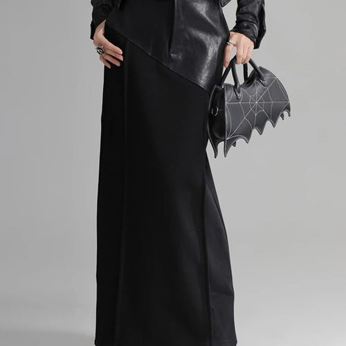 Load image into Gallery viewer, High Waist Black Pu Leather Spliced Long Back Slit Elegant Half-body Skirt Women Fashion New Spring Autumn 2025 1DH3993
