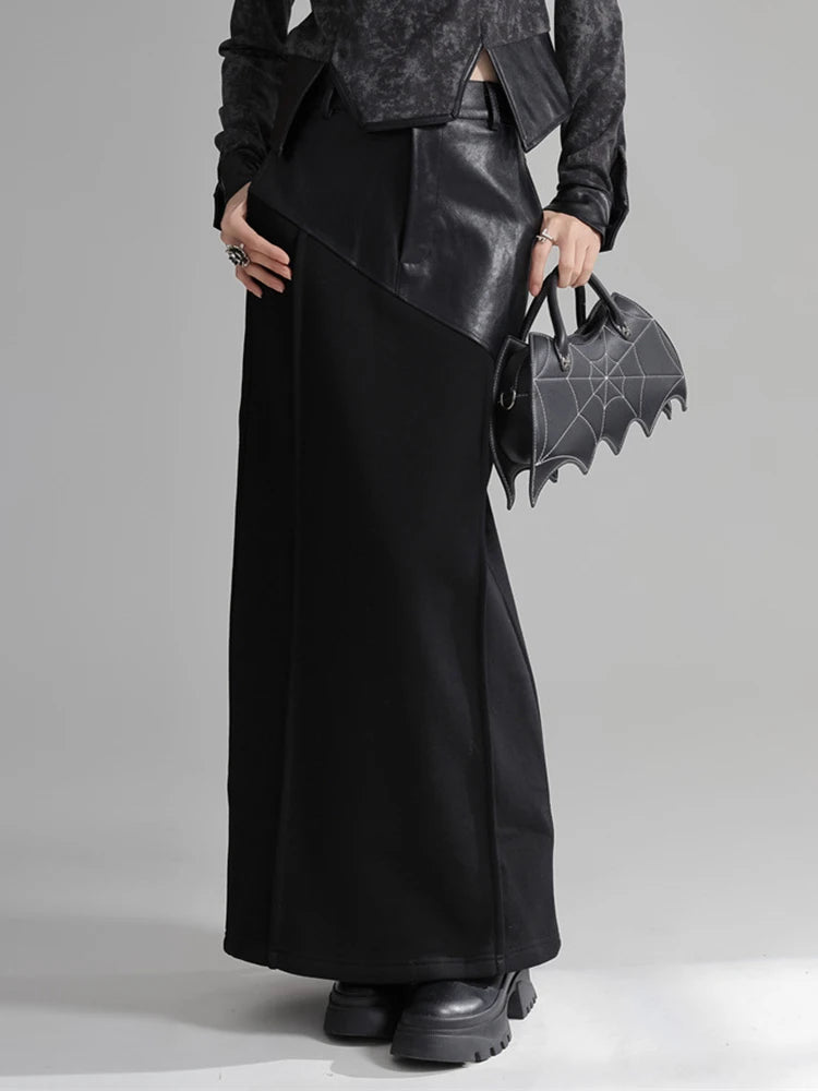 High Waist Black Pu Leather Spliced Long Back Slit Elegant Half-body Skirt Women Fashion New Spring Autumn 2025 1DH3993
