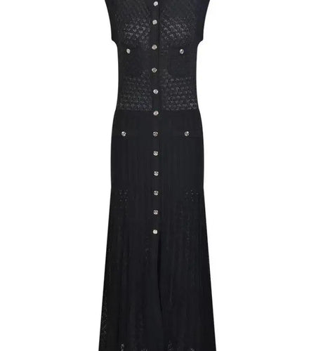 Ladies 2024 Summer Black Sexy Sleeveless O-neck Single Breasted Knit Dress Women Green Elegant Slim Fashion Pleated Long Dresses