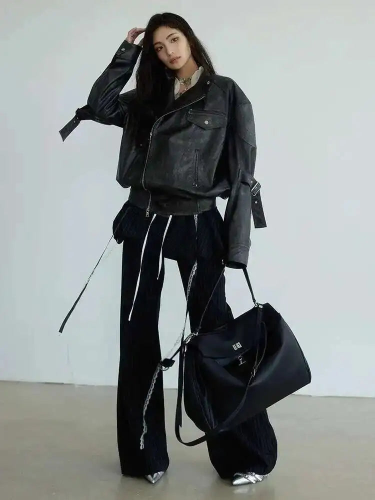 High Waist Balck Striped Bandage Shaped Long Wide Leg Pants New Trousers Women Fashion Tide Spring Autumn 2025 1DH7080