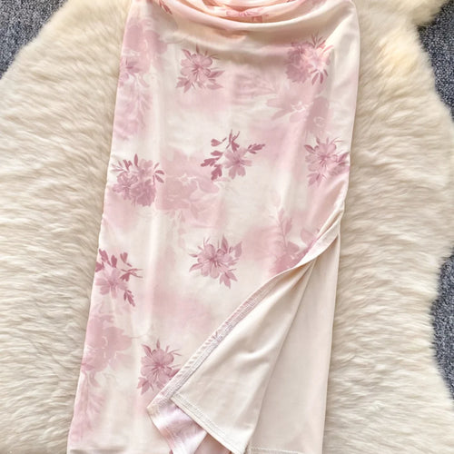 Load image into Gallery viewer, Chinese Style Women Pink Flower Elegant Cheongsam Evening Long Dress 2025 Summer New Short Sleeved Pleated Split Dress Bohemian
