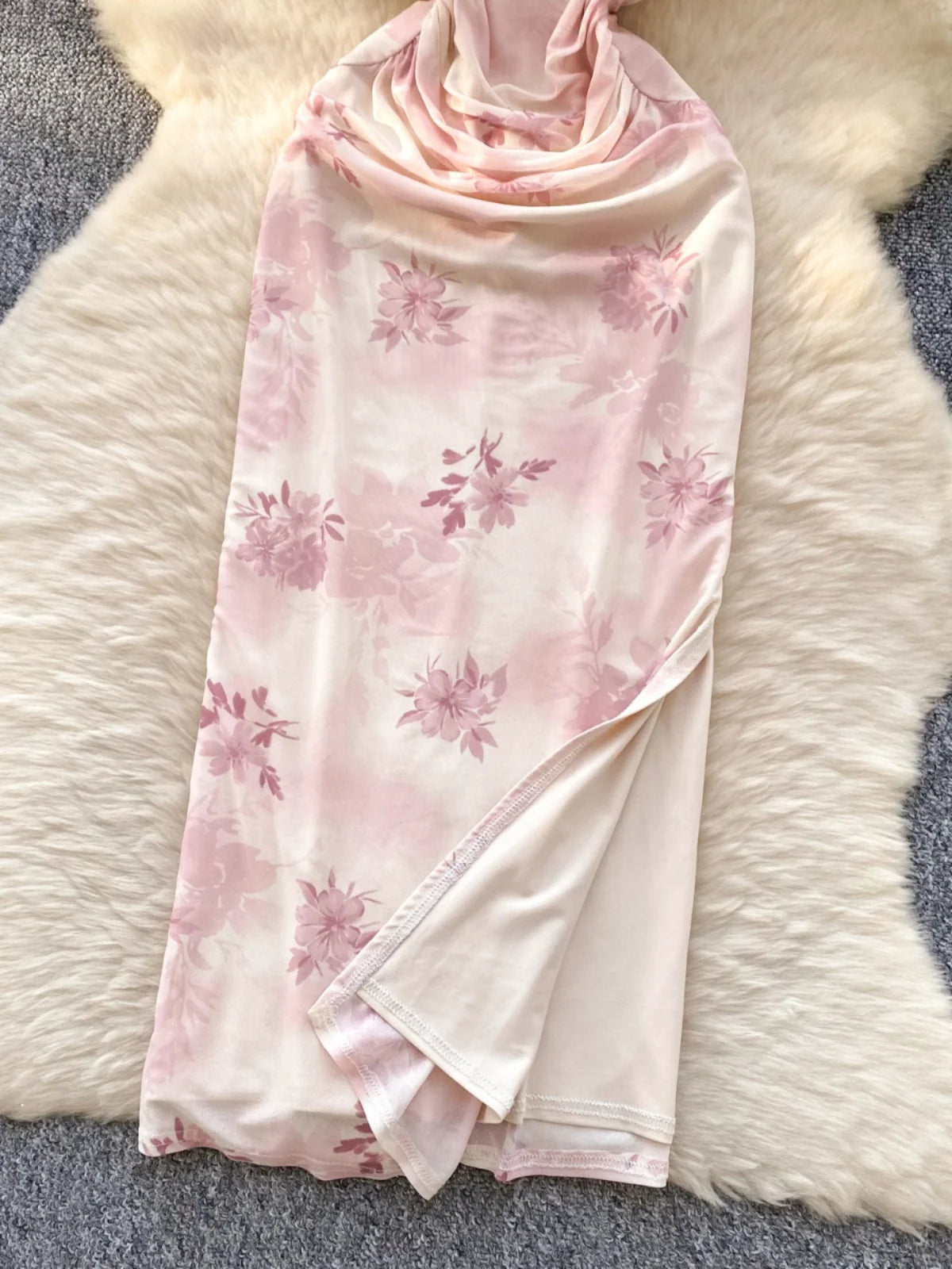 Chinese Style Women Pink Flower Elegant Cheongsam Evening Long Dress 2025 Summer New Short Sleeved Pleated Split Dress Bohemian