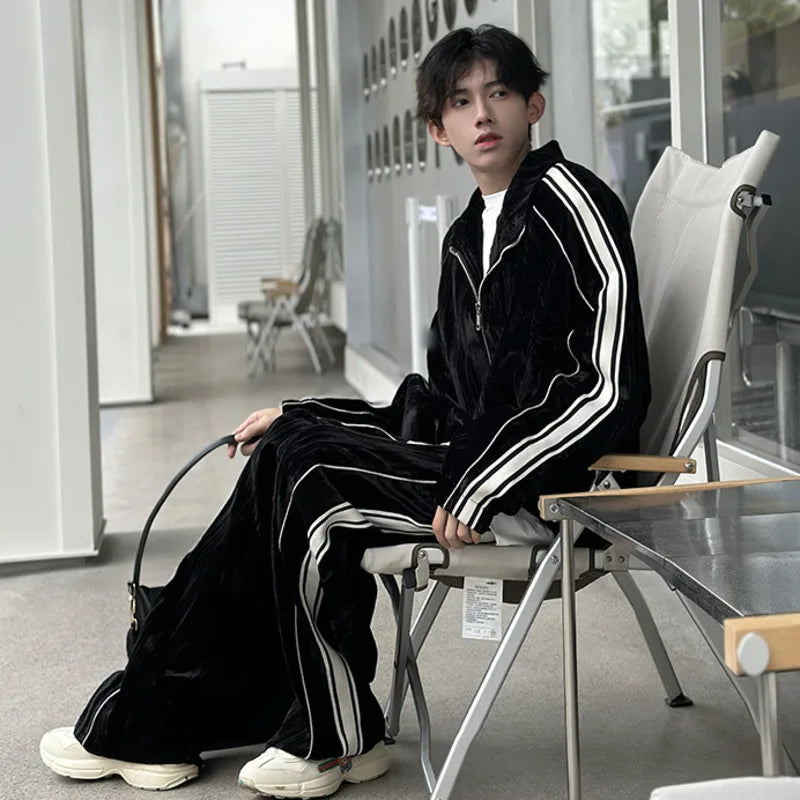 Niche Design Men's Two-piece Striped Lapel Contrast Color Jackets Straight Wide Leg Drawstring Male Sweatshirts 2025 9C9203