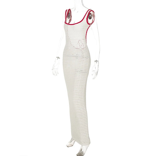 Load image into Gallery viewer, Hollow Out Backless Knit Maxi Dress For Women White Spaghetti Strap Sleeveless Bodycon Club Party Sexy Knitted Dress
