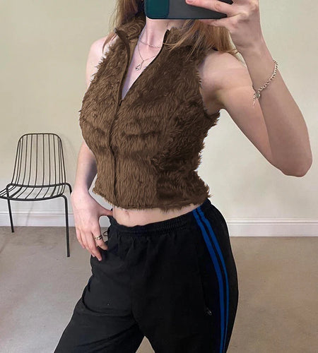 Fluffy Sleeveless Faux Fur Jacket Short Brown Vintage Fashion Y2K Bodycon Vest Jacket Zip-Up Coat Autumn Warm Outwear