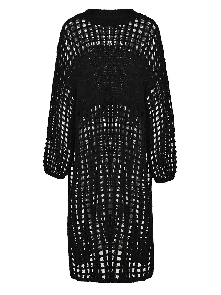 Women Black Knittng Hollow Out Big Size Long Dress New Round Neck Long Sleeve Fashion Tide Spring Autumn 2025 5WA10401